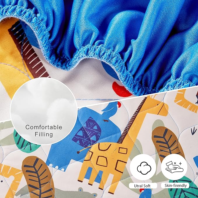 TILLYOU Pack and Play Sheet - Soft Quilted Crib Cover Pad, Toddlers Mattress Protector with 1''-3'' Deep Pocket, Thick Play Yard Playpen Sheets, Crib Mattress Pad 39"x27", Animal Geometry