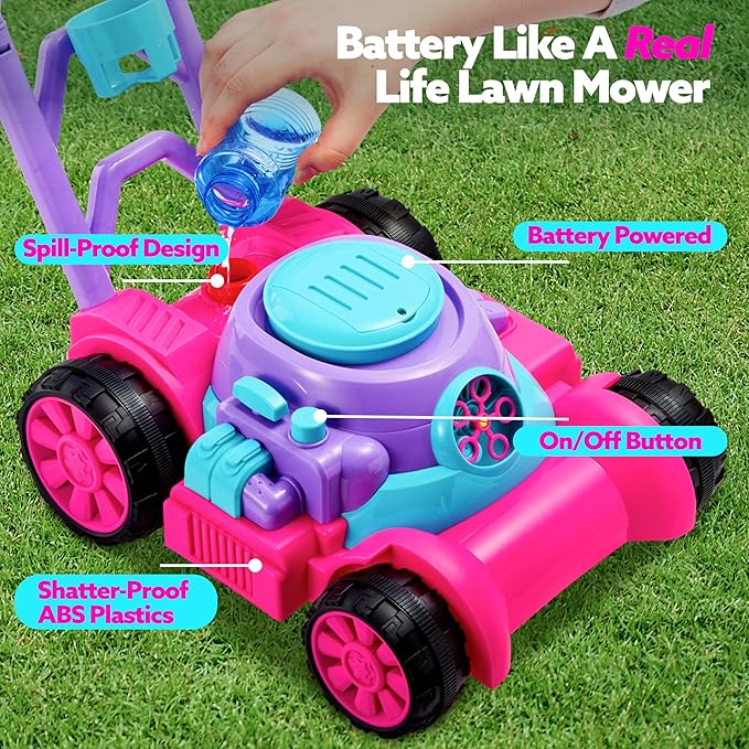 SLOOSH Bubble Lawn Mower Toddler Toys - Spill-Proof Bubble Machine Pretend Gardening Toy for Age 1 2 3 1-3 Year Old Toddler Indoor Outdoor Use, Baby Girl Push Toys Xmas Christmas Birthday Gift (Pink)