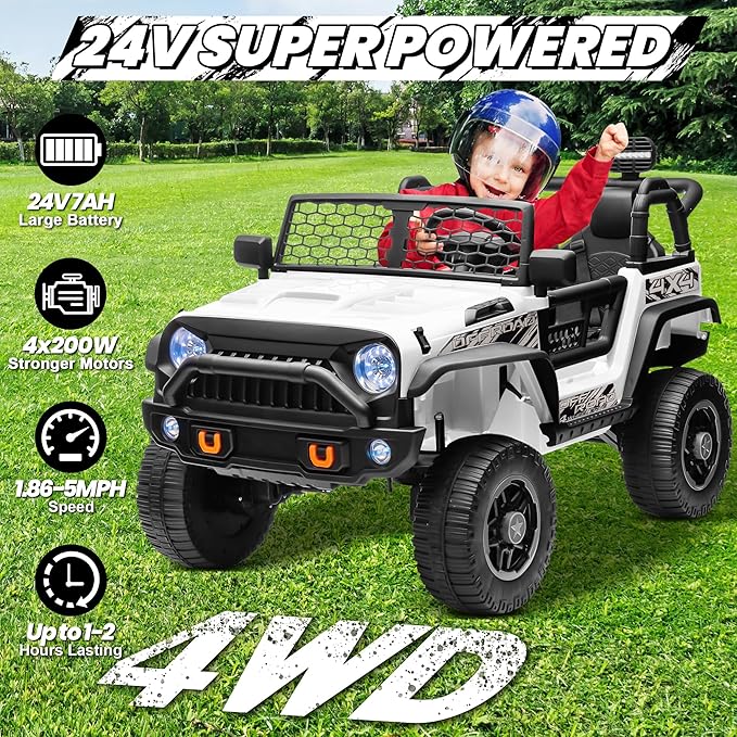 24V XL 2 Seater Ride On Toys for Big Kids, 4WD/2WD Switchable 800W Electric Truck w/20'' Wide Seat, Remote Control, 4-Wheeler Suspension, Xmas & Birthday Gift Ideas for Boys Girls, White