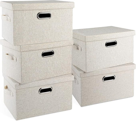 Graciadeco Medium 15" 21 Quart Collapsible Stackable Storage Bins with Lids, 5 Packs Beige Foldable Fabric Closet Boxes Heavy-duty Linen Cube Baskets Container for Bedroom Office (15 x 11 x 8)