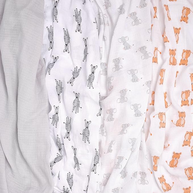 aden + anais Essentials Muslin Swaddle Blankets for Baby Girls and Boys, Newborn Receiving Blanket for Swaddling, 100% Cotton Baby Swaddle Wrap, 4 Pack, Safari Babes