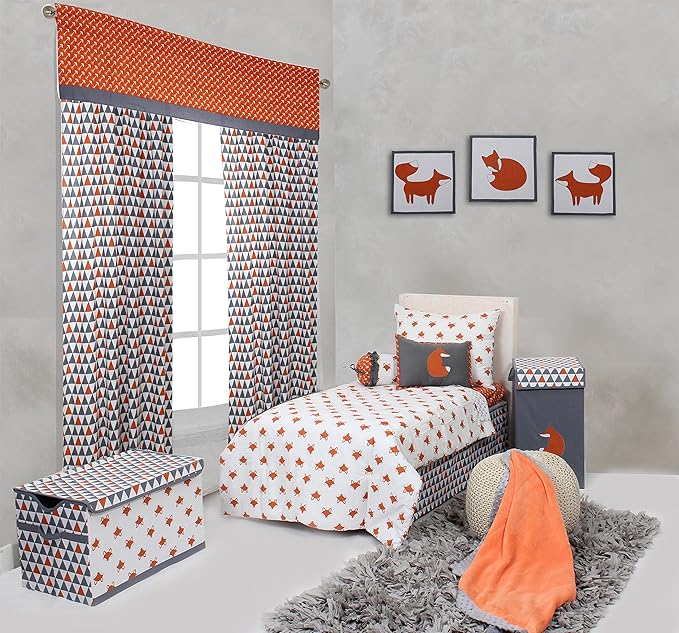 Bacati Playful Foxs 4 Piece Neutral Toddler Bedding Set, Orange/Grey 100 Percent Cotton Includes Reversible Comforter, Fitted Sheet, Top Sheet, and Pillow Case for Boys/Girls