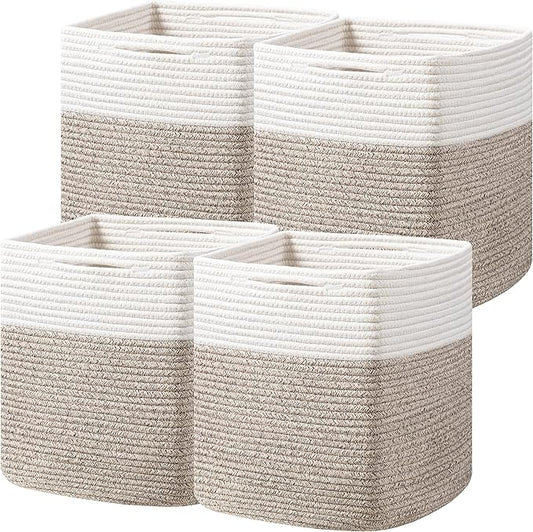 joybest 11inch Cube Storage Bins Set of 4, Cotton Rope Woven Organizer Basket for Shelves, Cube Bin Square Shelves Organizer Closet Storage, Nursery, Toy Organization, Brown&White
