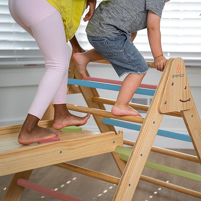 Avenlur Hazel 5-in-1 Indoor Climbing Gym - Waldorf and Montessori Climbing Set with Triangle Ladder, Climbing Ramp, Arch Climber, Rocker, and Slide - Montessori Toys for Children 18mo to 7yr (Colored)