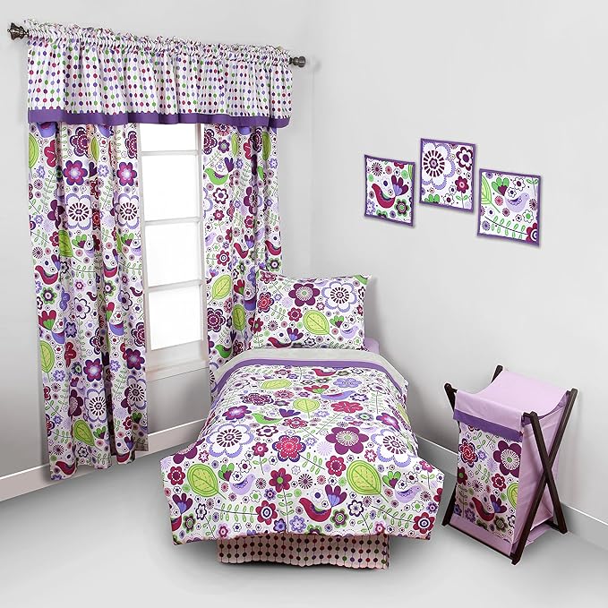 Bacati - Botanical Sanctuary Purple 4 Piece Cotton Girls Toddler Bedding Set 100 Percent Cotton Includes Reversible Comforter, Fitted Sheet, Top Sheet, and Pillow Case for Girls