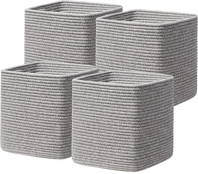 joybest 11inch Cube Storage Bins Set of 4, Cotton Rope Woven Organizer Basket for Shelves, Cube Bin Square Shelves Organizer Closet Storage, Nursery, Toy Organization, Gray