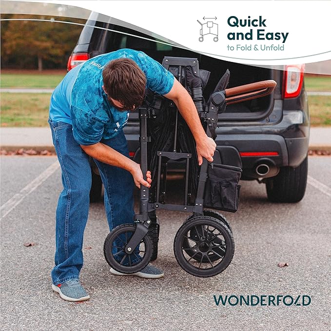 WONDERFOLD W2 Luxe Double Stroller Wagon (2 Seater) - Collapsible Wagon Stroller with Seats with Magnetic Buckle 5-Point Harnesses and Adjustable Sun Canopy, Charcoal Gray