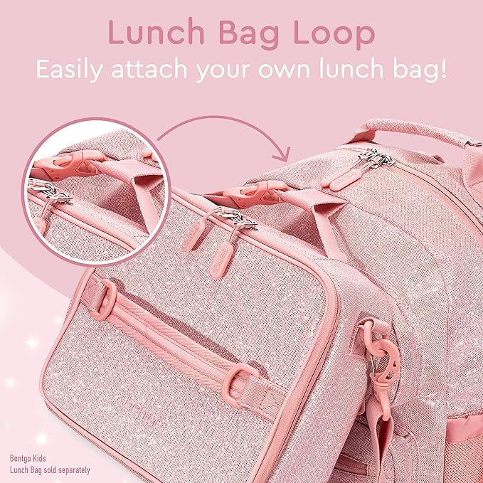 Bentgo Kids Glitter Backpack - Lightweight 14” Backpack for School, Travel & Daycare, Ideal for Ages 4+, Durable & Water-Resistant, Roomy Interior, & Loop for Lunch Bag (Glitter Edition - Petal Pink) | Lightweight, Backpack for School, Travel, Daycare,...