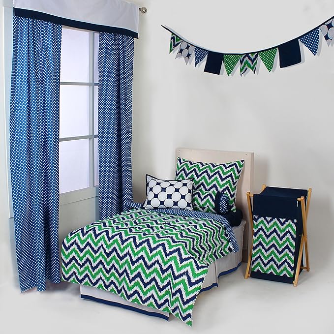 Bacati - Mix N Match 4 Pc Toddler Bedding Set 100 Percent Cotton Includes Reversible Comforter, Fitted Sheet, Top Sheet, and Pillow Case for Boys (Navy/Green)