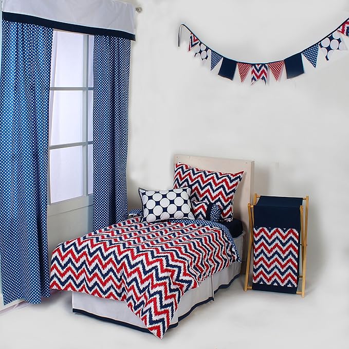 Bacati - Mix N Match 4 Pc Boys Toddler Bedding Set 100 Percent Cotton Includes Reversible Comforter, Fitted Sheet, Top Sheet, and Pillow Case for Boys (Navy/Red)